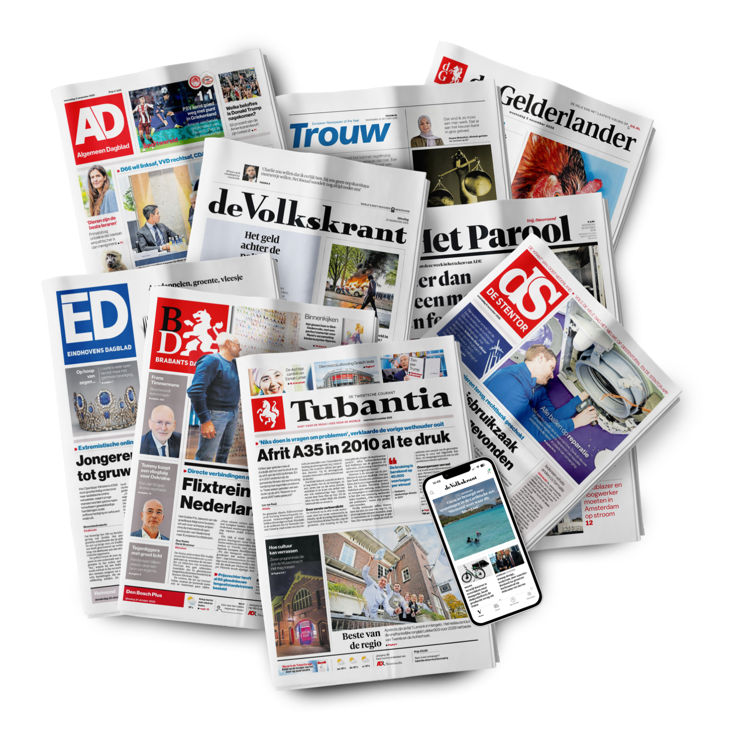 Collage van Nederlandse kranten, waaronder AD en FD
